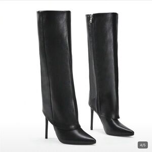 Brand NEW NEVER WORN black faux Leather Pointed-Toe Stiletto Knee Boots